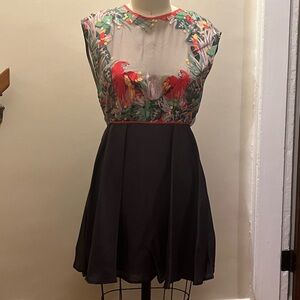 Alice McCall Grey Skater Dress with Red Parrot Designs